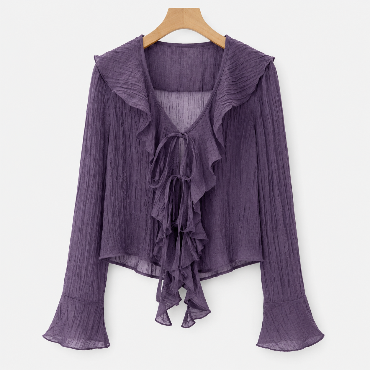 SHEIN Women’s Purple Sheer Ruffle Tie Front Blouse – Long Sleeve Chiffon Top, SHEIN Fast Delivery in 5 Days