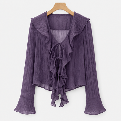 SHEIN Women’s Purple Sheer Ruffle Tie Front Blouse – Long Sleeve Chiffon Top, SHEIN Fast Delivery in 5 Days