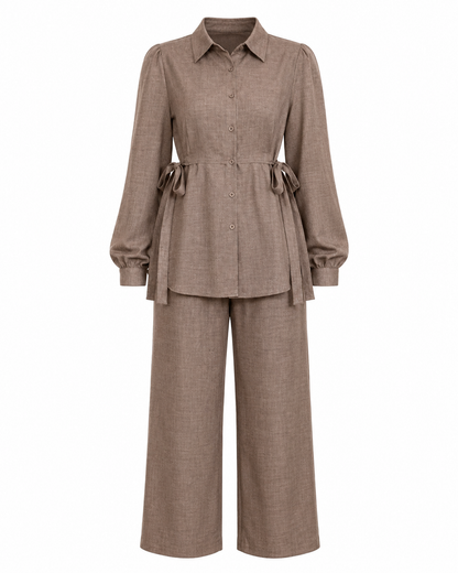 SHEIN Women’s Brown Shirt & Wide Leg Pants Set – Belted Long Sleeve Co-Ord Set, SHEIN Fast Delivery in 5 Days