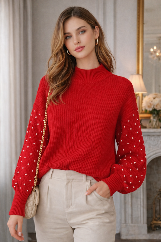 Women’s Ribbed Knit Sweater with Crystal Floral Neckline – Elegant Puff Sleeve Winter Pullover – Beige, Red & Brown