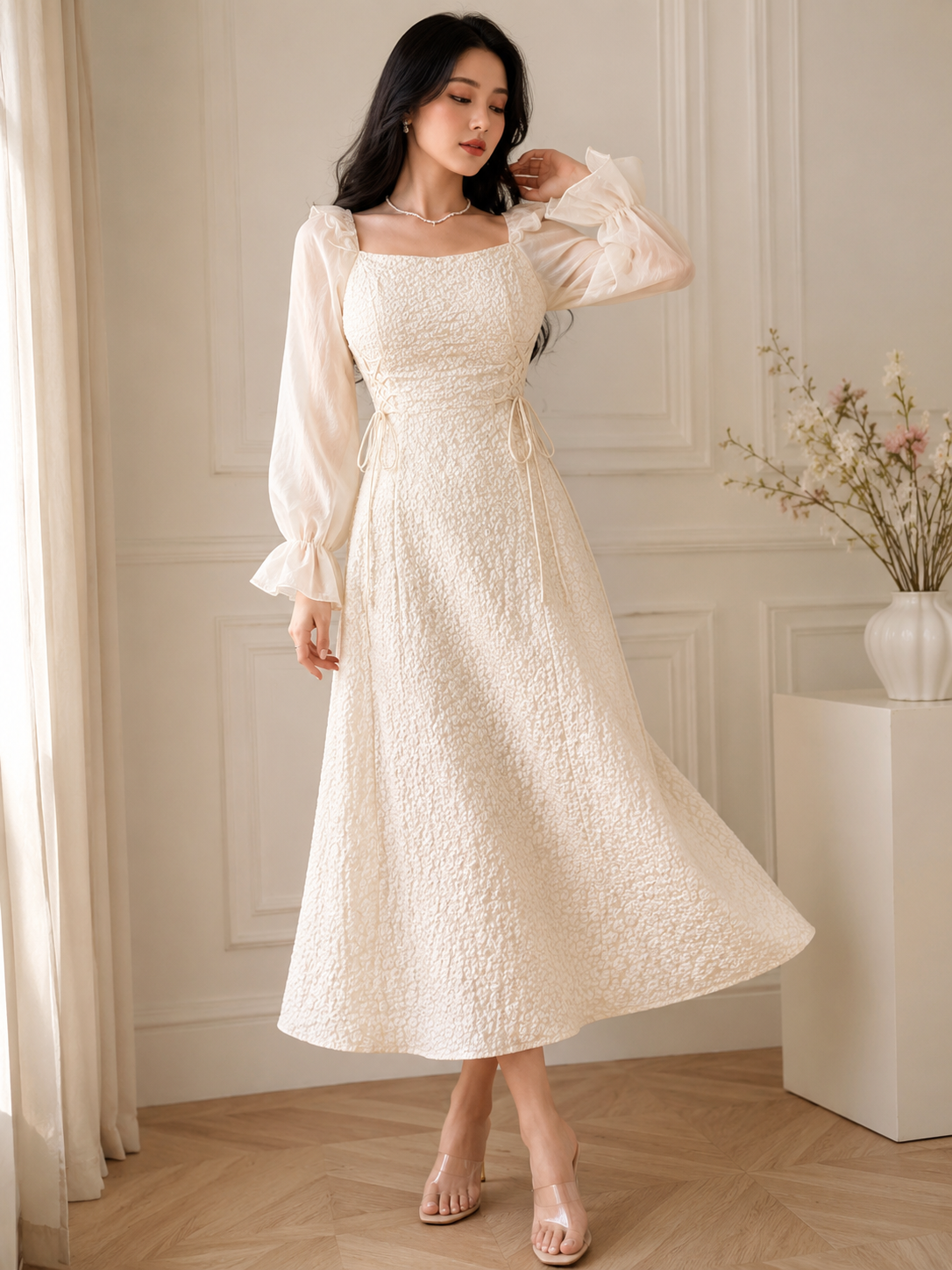 Feyla Women’s Cream Floral Square-Neck Midi Dress