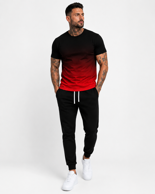 SHEIN Men’s Black & Red Gradient Casual Set – Ombre T-Shirt and Black Jogger Pants