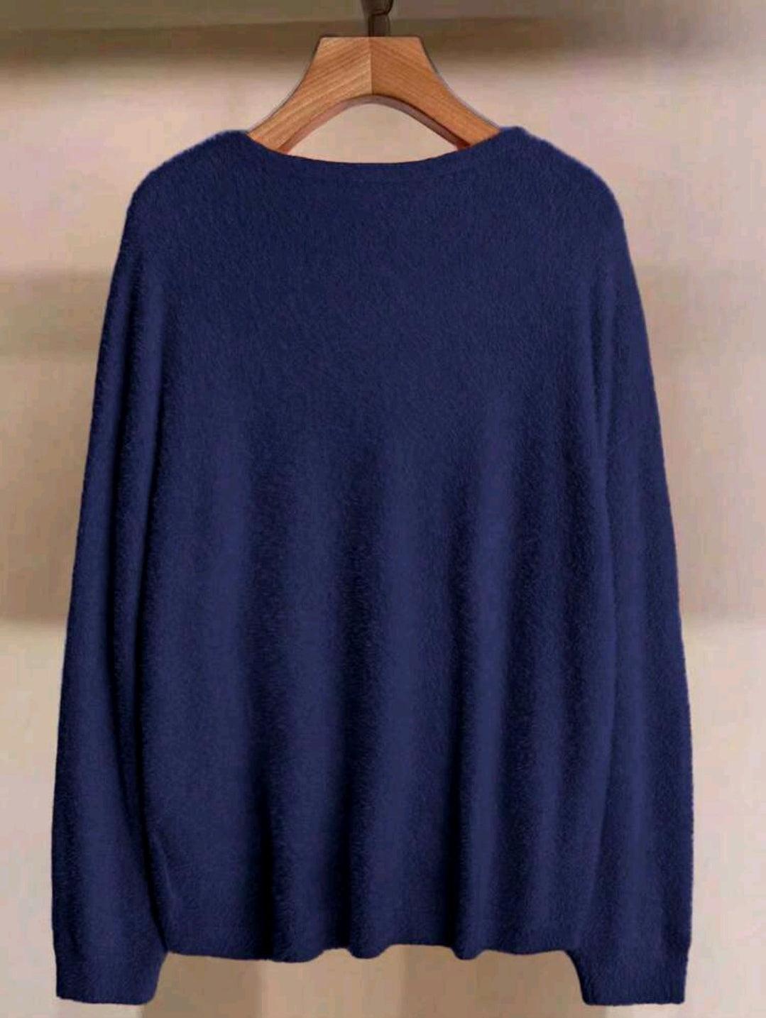 Navy Blue V-Neck Knit Sweater – Loose Fit Long Sleeve High-Low Hem Women Pullover