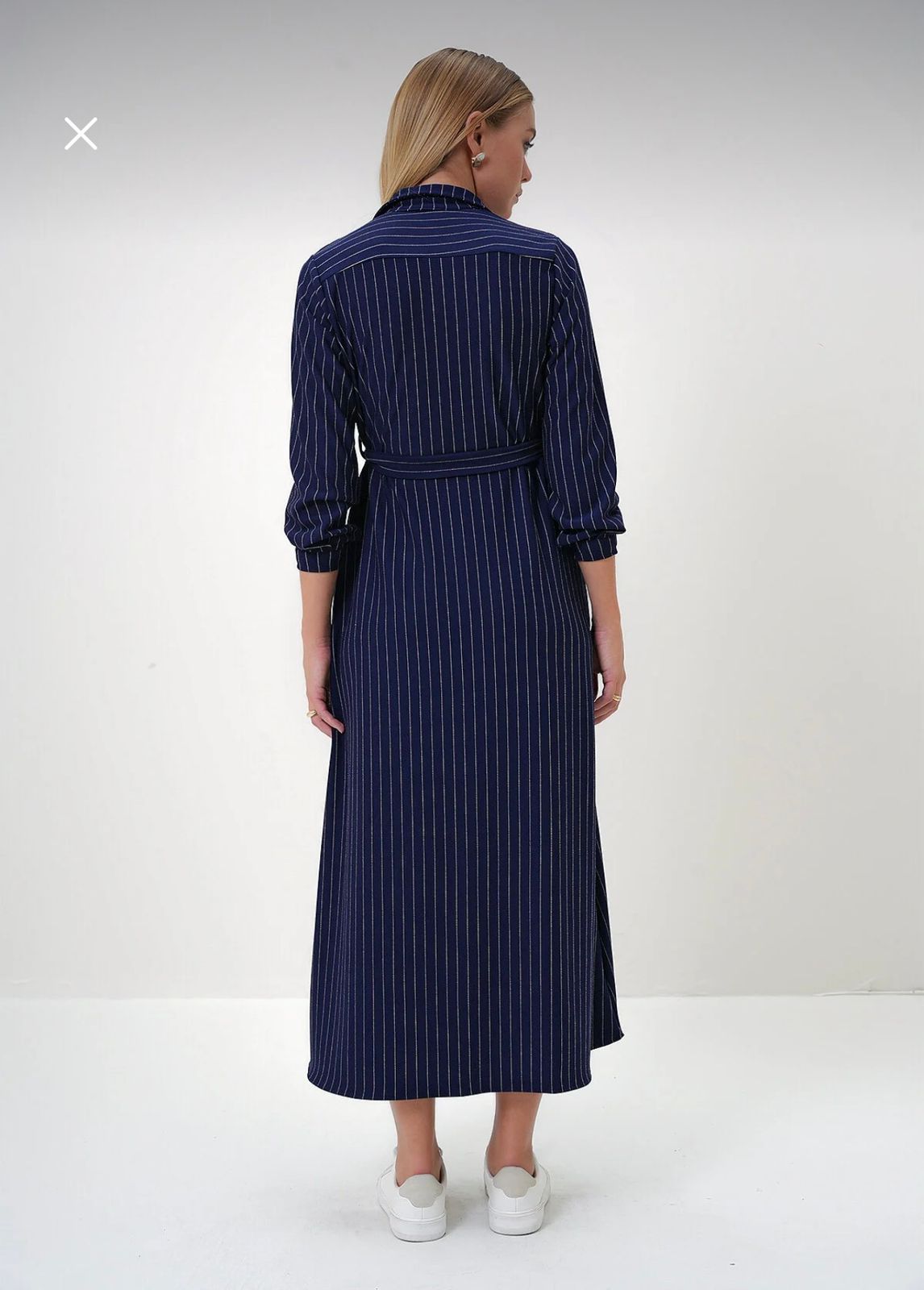 Navy Blue Striped Belted Shirt Maxi Dress – Long Sleeve Button Front Casual Elegant Dress for Women