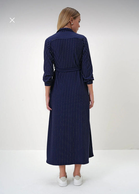 Navy Blue Striped Belted Shirt Maxi Dress – Long Sleeve Button Front Casual Elegant Dress for Women