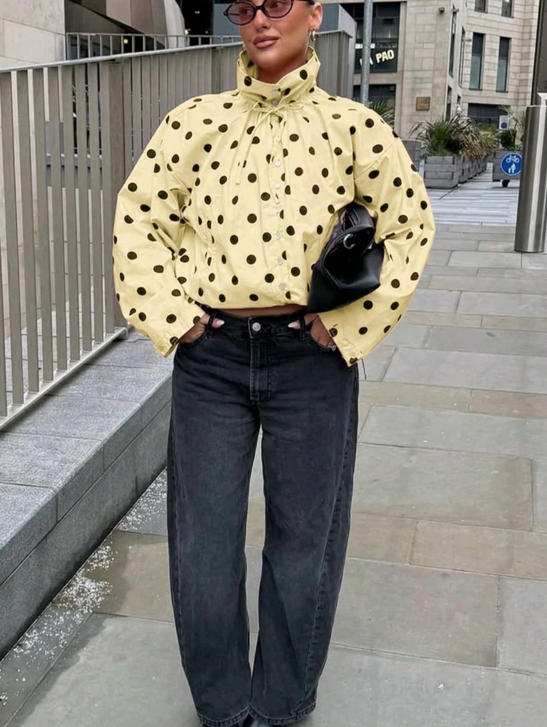 SHEIN Women Yellow Polka Dot Tie Neck Blouse