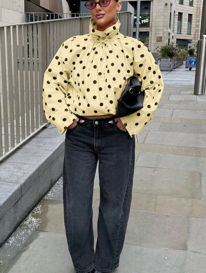 SHEIN Women Yellow Polka Dot Tie Neck Blouse