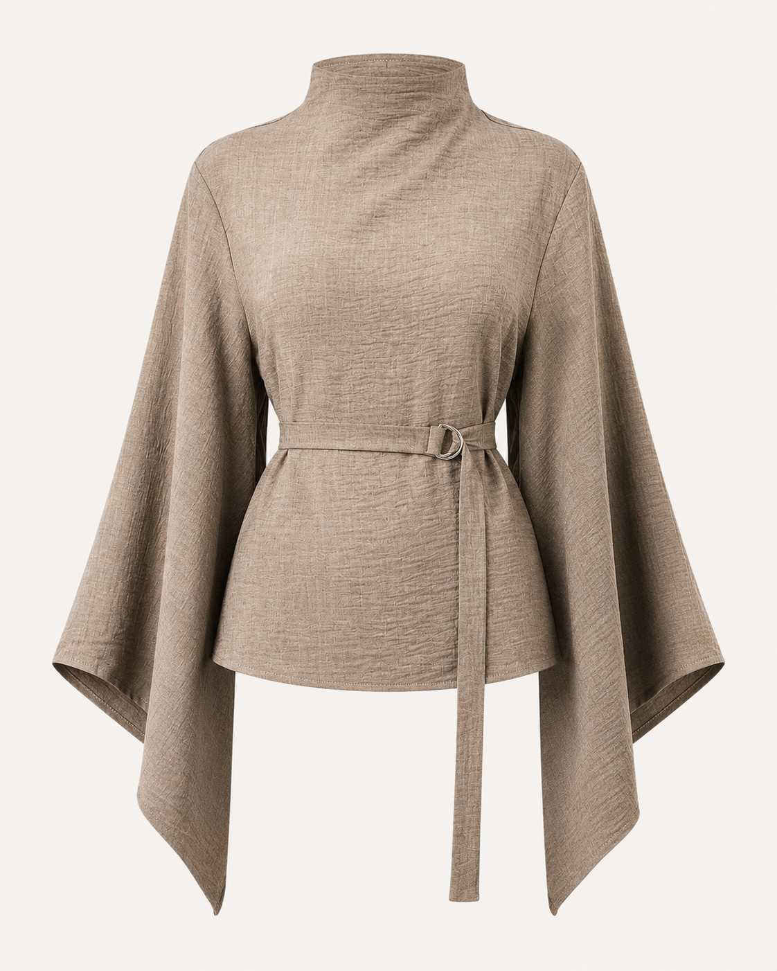 Women’s Taupe Belted Mock Neck Blouse – Asymmetrical Cape Sleeve Elegant Top