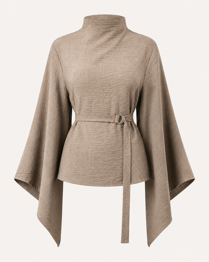 Women’s Taupe Belted Mock Neck Blouse – Asymmetrical Cape Sleeve Elegant Top