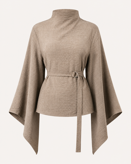 Women’s Taupe Belted Mock Neck Blouse – Asymmetrical Cape Sleeve Elegant Top