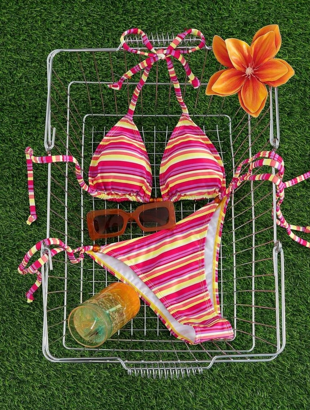 Striped Halter Tie Bikini Set – Colorful Triangle Top & Bottom Women Beachwear