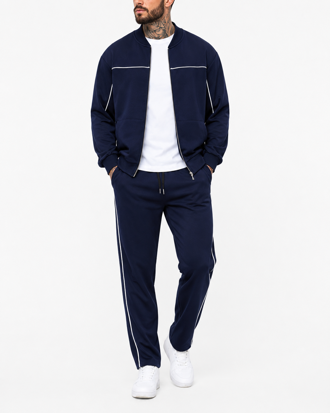 SHEIN Men’s Navy Blue Zip-Up Tracksuit Set – Jacket and Matching Pants