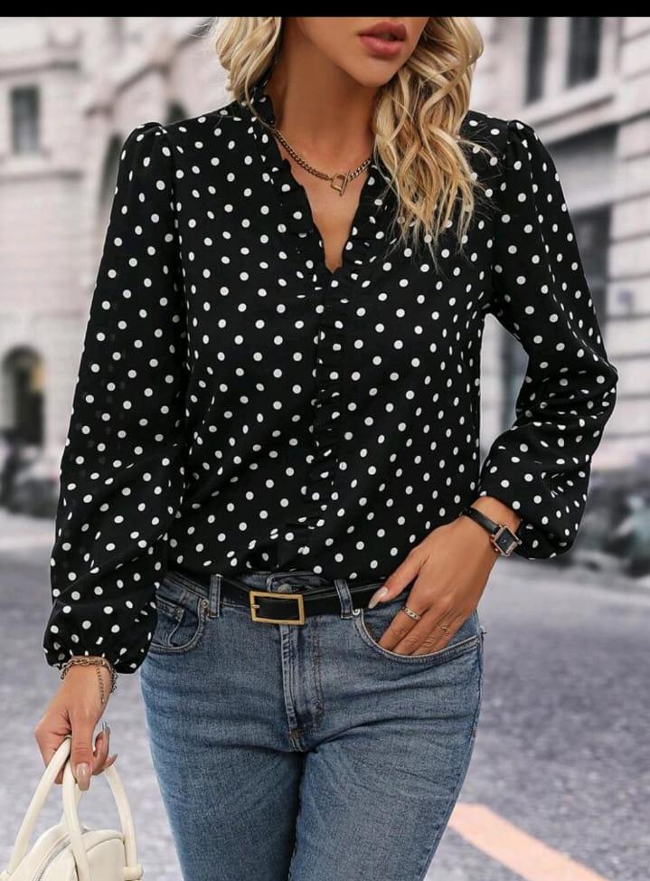 SHEIN Fast Delivery Women’s Black Polka Dot Ruffle Blouse
