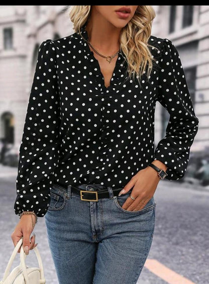 SHEIN Fast Delivery Women’s Black Polka Dot Ruffle Blouse