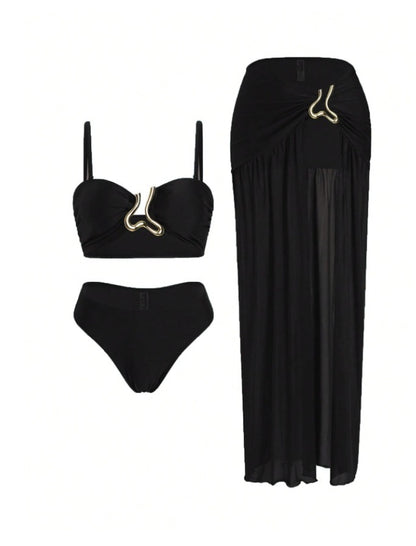SHEIN Black 3-Piece Gold Detail Bikini & Mesh Skirt Set - SHEIN Fast Delivery in 5 Days
