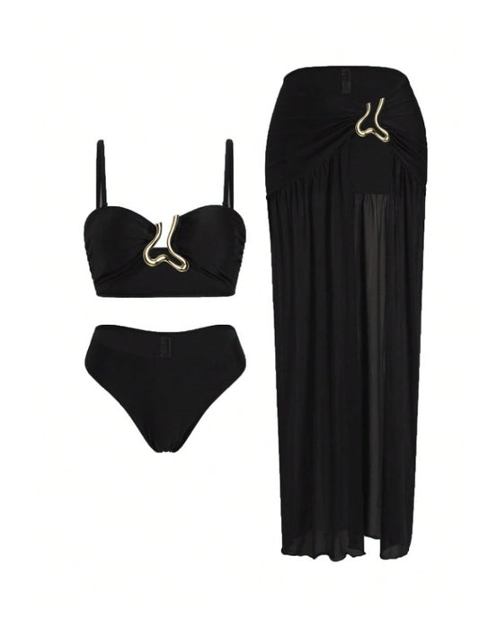 SHEIN Black 3-Piece Gold Detail Bikini & Mesh Skirt Set - SHEIN Fast Delivery in 5 Days