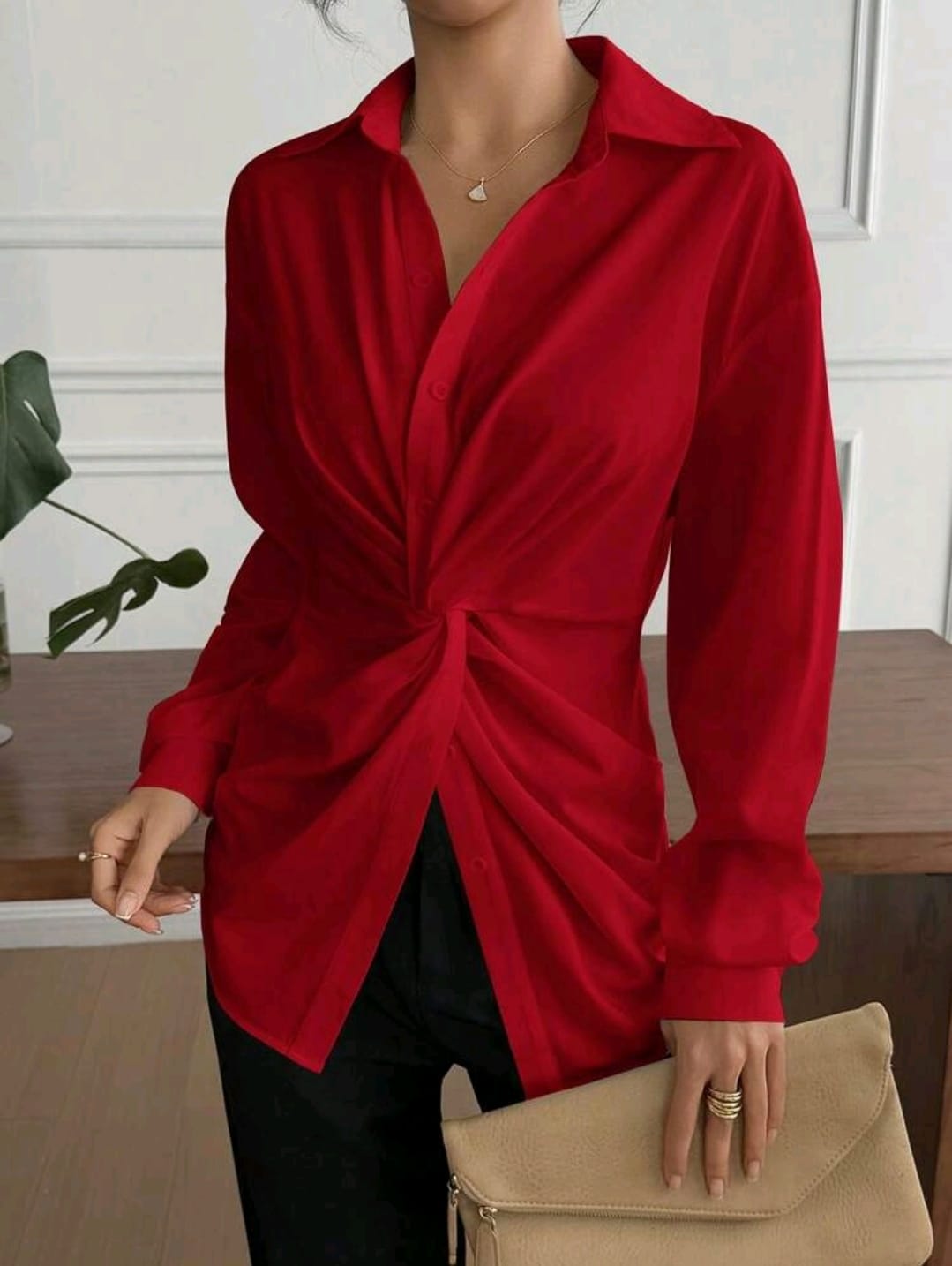 SHEIN Women Red Twist Front Long Sleeve Blouse