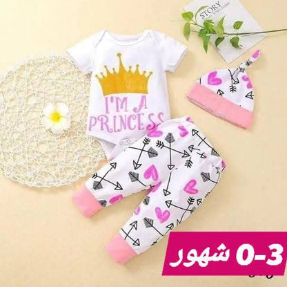 Baby Girl Princess Bodysuit Pants and Hat Set with Crown Print, 0–3 Months