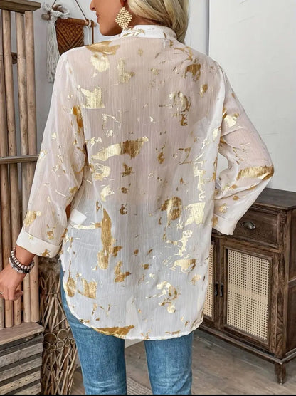 Women’s White Gold Foil Button-Up Shirt, Lightweight Roll-Sleeve Casual Blouse