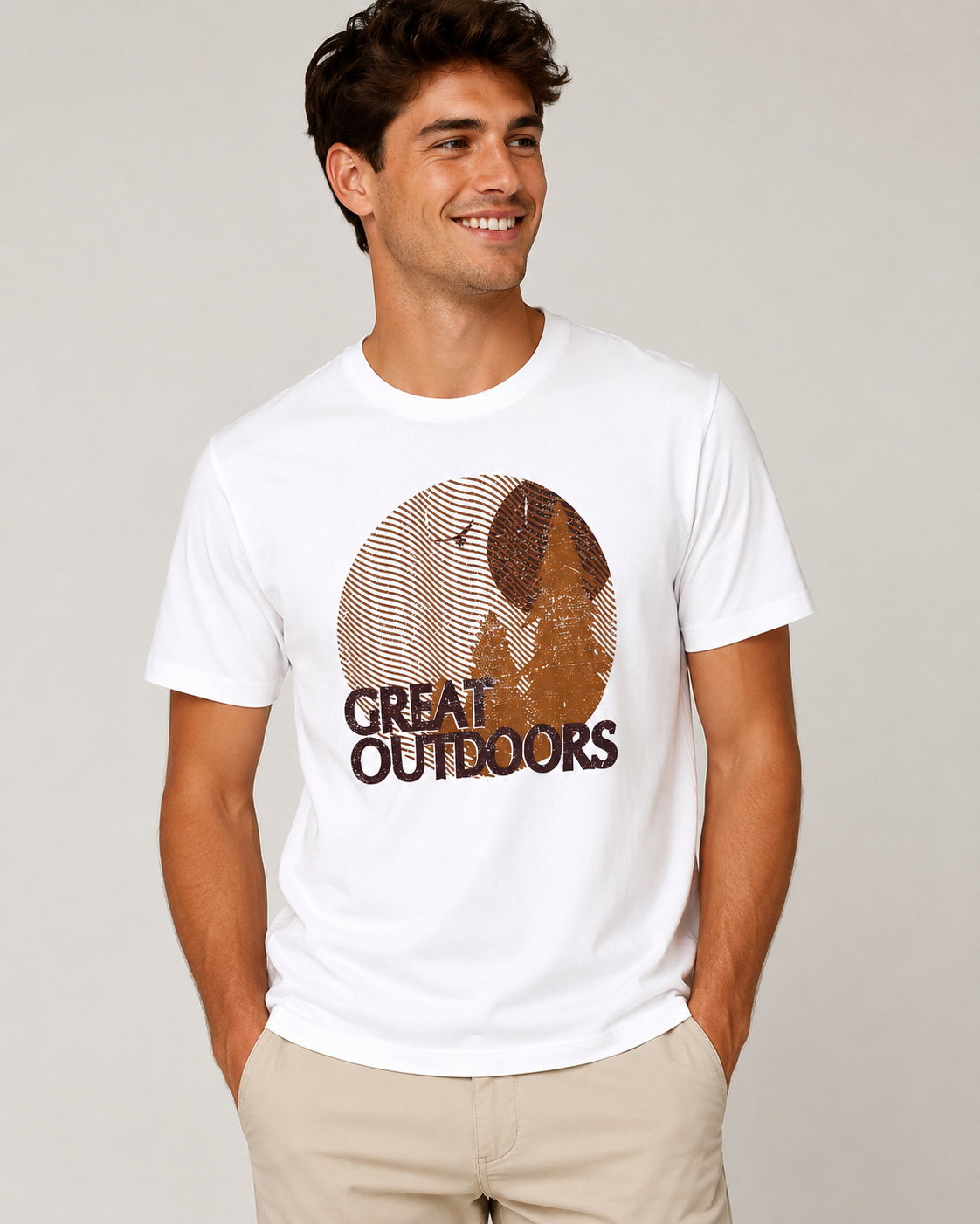 Men’s White Great Outdoors Cotton T-Shirt, Short Sleeve Casual Graphic Top