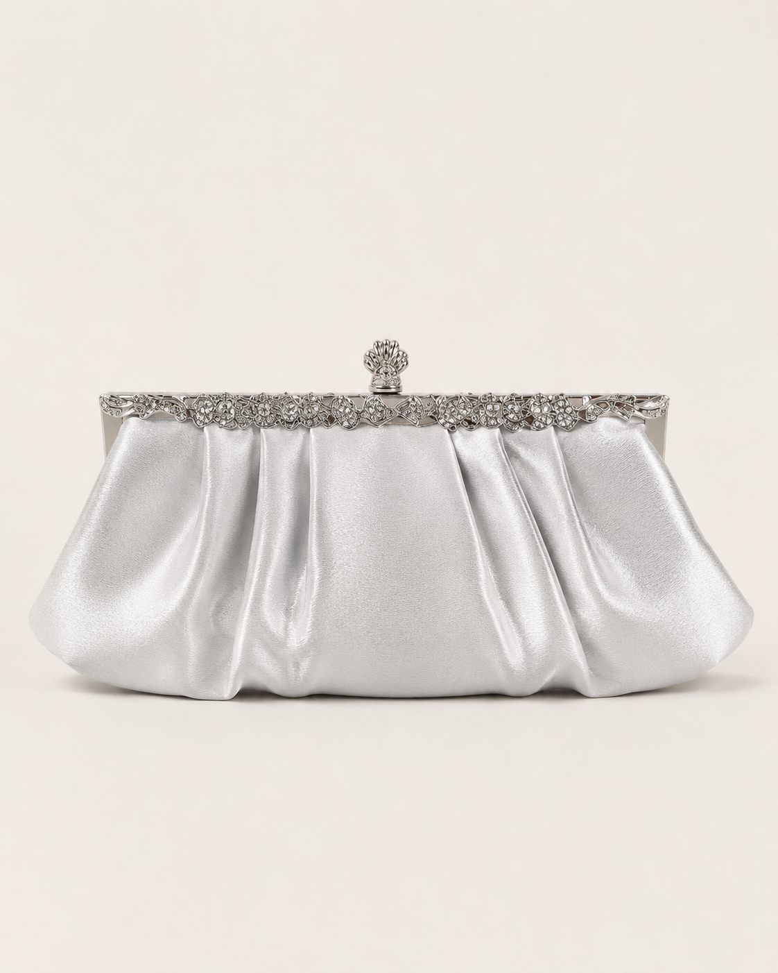 Silver Satin Evening Clutch Bag, Pleated Party Purse with Rhinestone Frame
