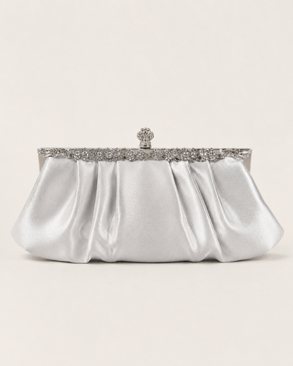 Silver Satin Evening Clutch Bag, Pleated Party Purse with Rhinestone Frame