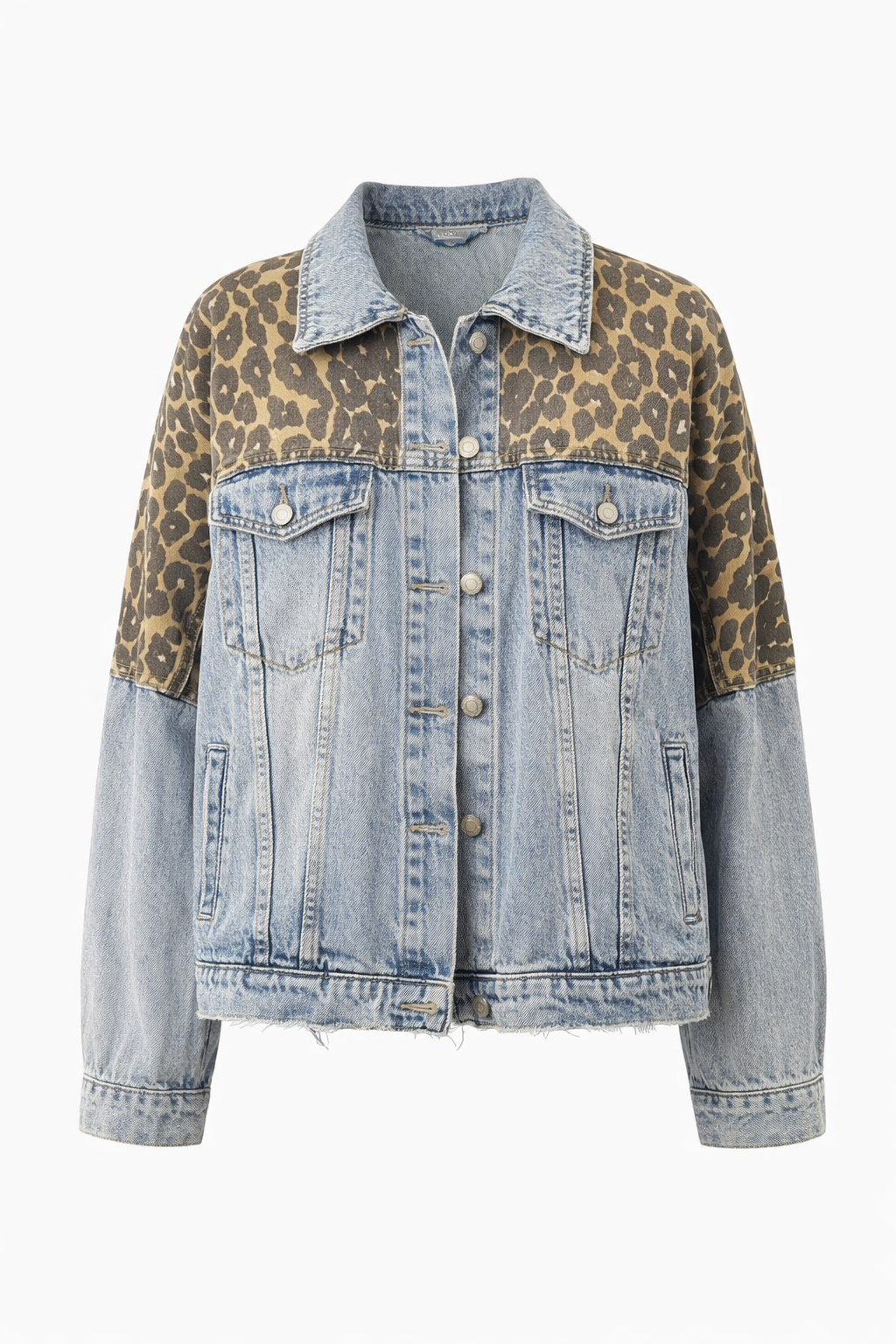 Leopard Print Panel Oversized Denim Jacket – Women’s Casual Statement Streetwear Jacket