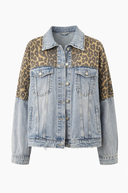 Leopard Print Panel Oversized Denim Jacket – Women’s Casual Statement Streetwear Jacket