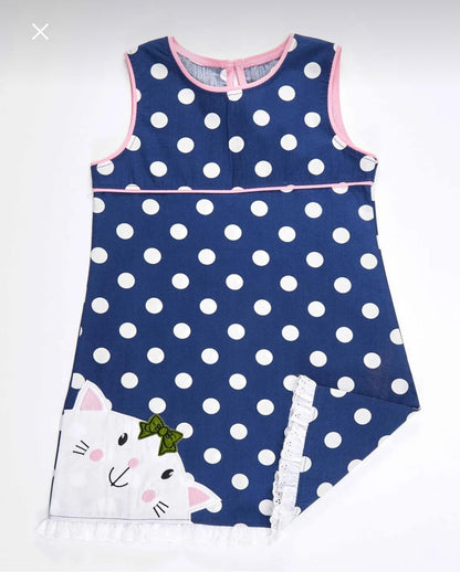 Girls’ Denokids Navy Polka Dot Cat Dress – 100% Cotton Sleeveless Summer Dress