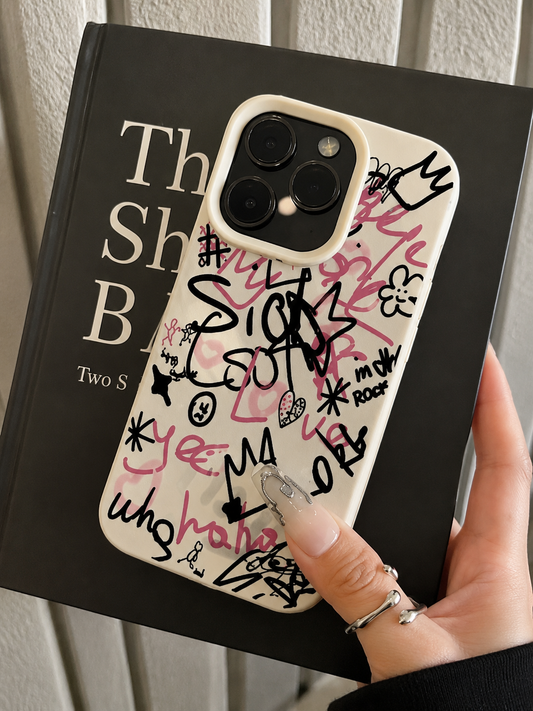 Samsung Galaxy A05 White Graffiti Phone Case with Black and Pink Doodle Print
