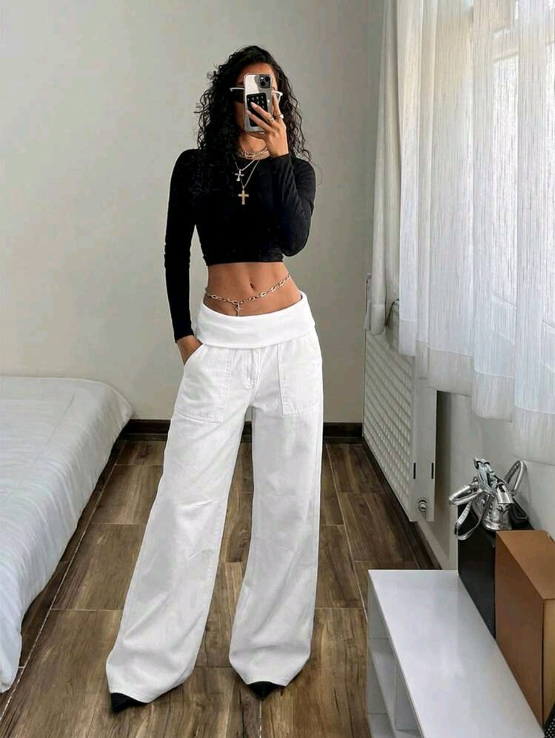 Women’s White Wide Leg Pants – Fold Over Waist Casual Cargo Style Trousers