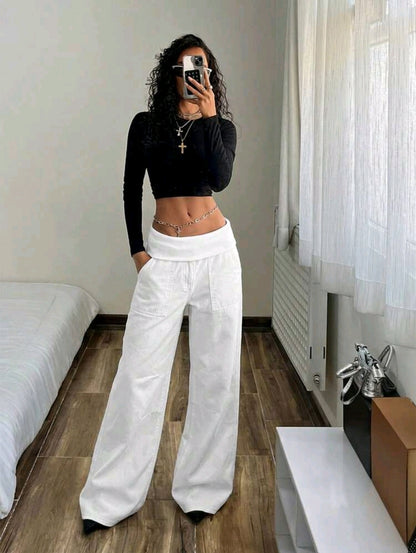 Women’s White Wide Leg Pants – Fold Over Waist Casual Cargo Style Trousers