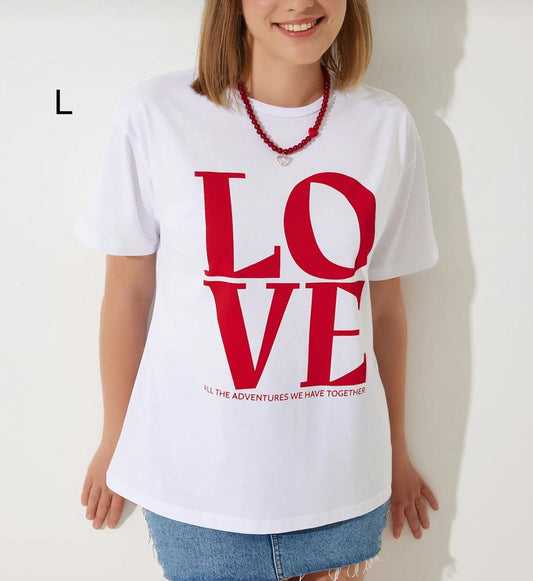 Women’s White Love Print Cotton T-Shirt, Casual Short Sleeve Graphic Top