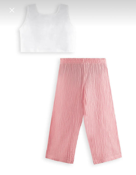 Girls’ Denokids Pink Floral Summer Set – Cotton Crop Top and Wide Leg Pants
