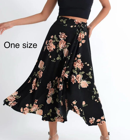 Women’s Trendyol Black Floral Wrap Skirt – Stretch Crepe Style One Size Midi Skirt