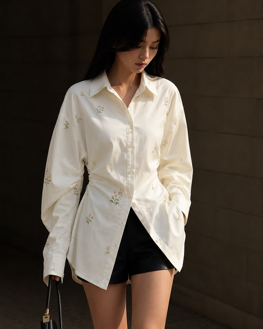 Women’s White Floral Embroidered Shirt – Long Sleeve Button Up Casual Blouse