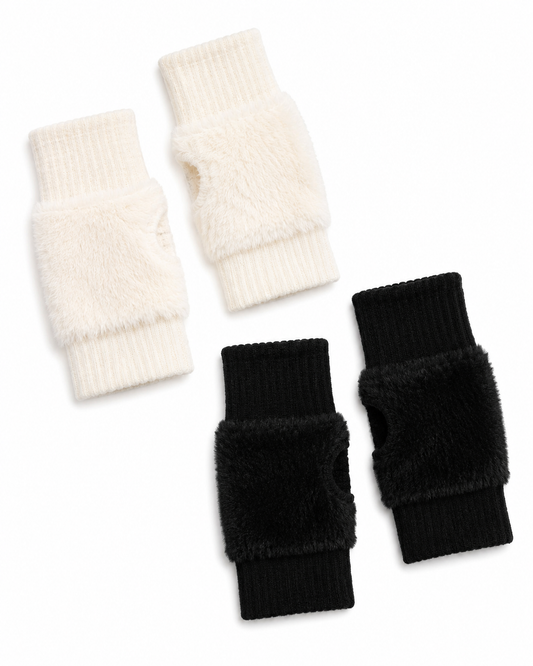Black and White 2 Pairs Plush Fingerless Gloves for Women