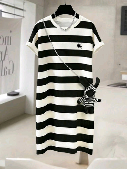 Black and White Striped Short Sleeve Dress