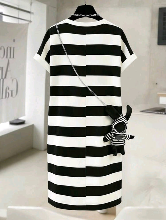 Black and White Striped Short Sleeve Dress