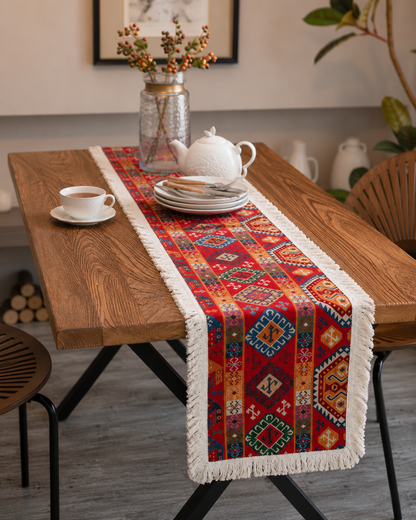 Bohemian Red Geometric Tassel Table Runner