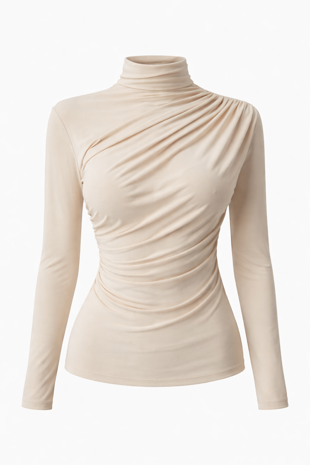 Beige Ruched High Neck Top for Women – Elegant Slim Fit Long Sleeve Blouse