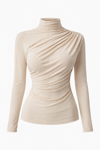 Beige Ruched High Neck Top for Women – Elegant Slim Fit Long Sleeve Blouse