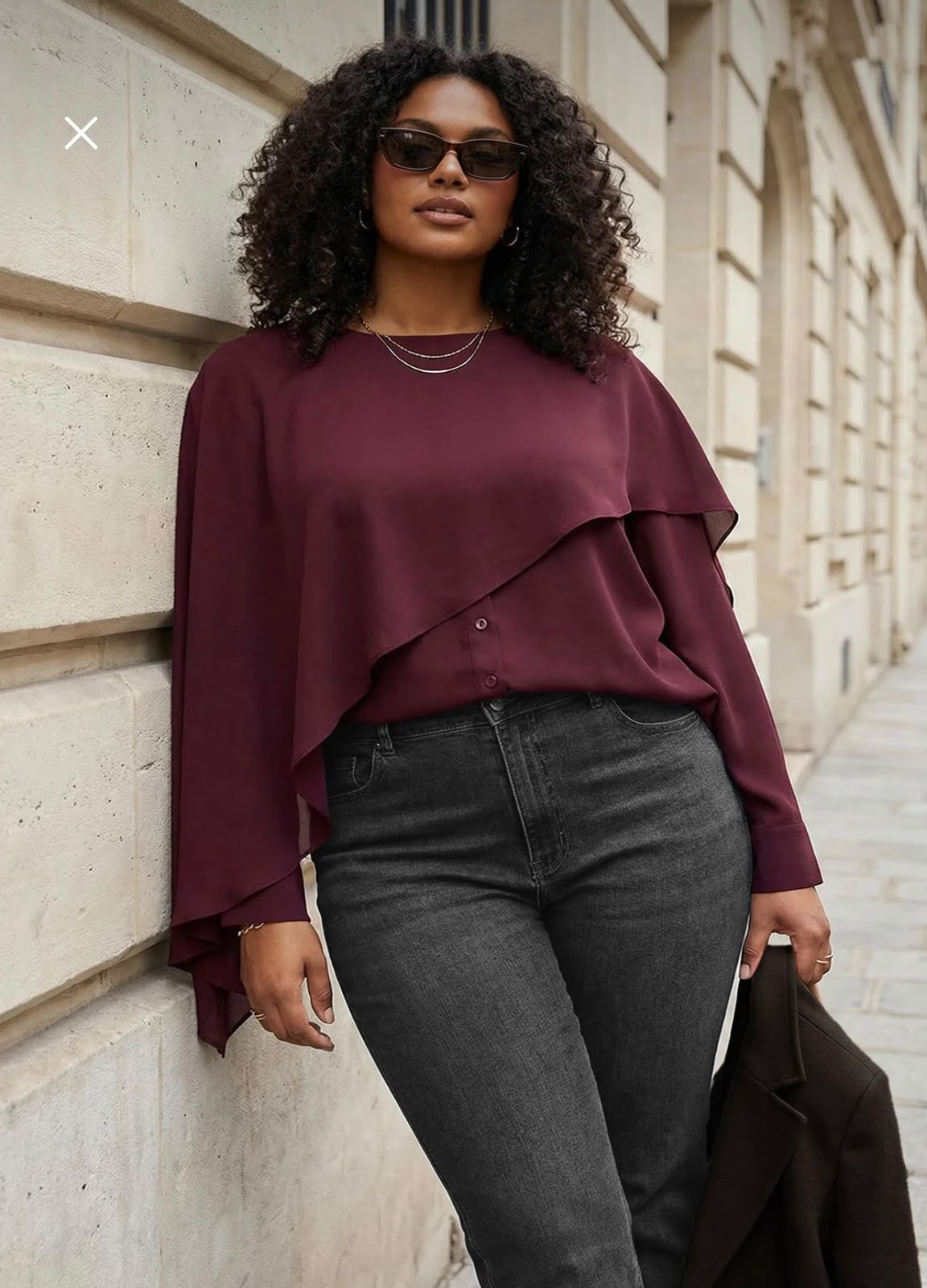 Trendyol Women’s Burgundy Layered Cape Blouse – Long Sleeve Plus Size Top, SHEIN Fast Delivery in 5 Days