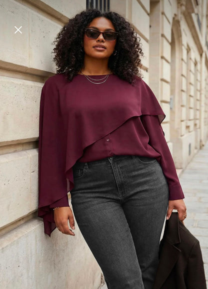 Trendyol Women’s Burgundy Layered Cape Blouse – Long Sleeve Plus Size Top, SHEIN Fast Delivery in 5 Days