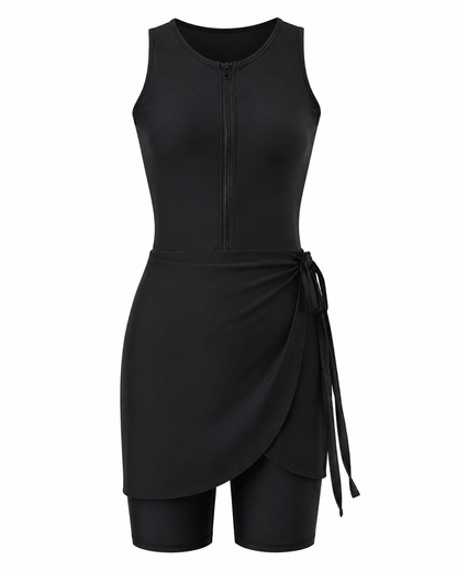 SHEIN Fast Delivery Black Modest Swimwear Set – Zip Front Sleeveless Swimsuit with Wrap Skirt