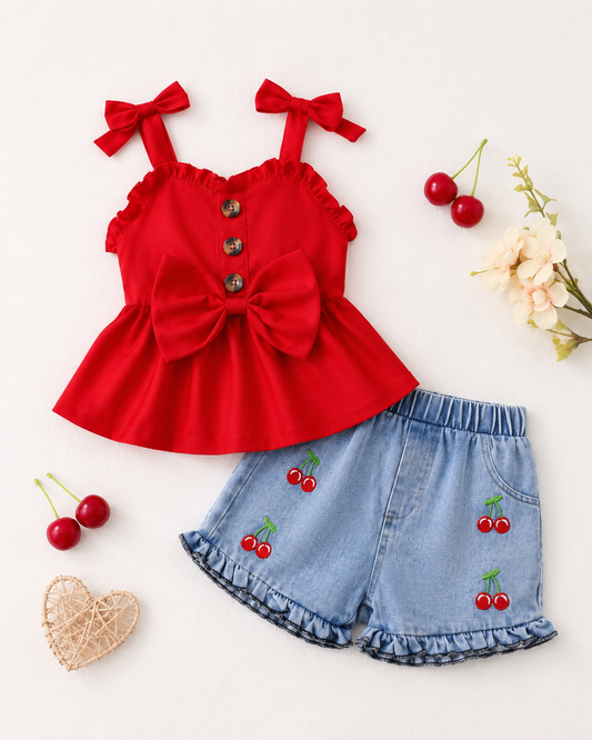 Baby Girls Red Bow Top and Cherry Denim Shorts Set