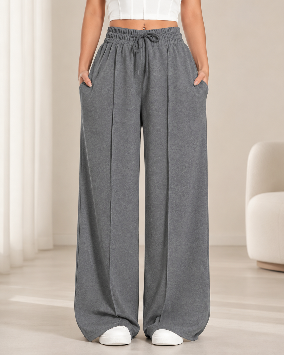 Women’s Wide Leg Drawstring Pants – Gray Casual Loose Fit Trousers