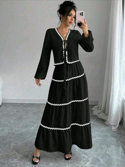 SHEIN Women’s Black Maxi Dress – White Trim Tie Front Long Sleeve Dress, SHEIN Fast Delivery in 5 Days