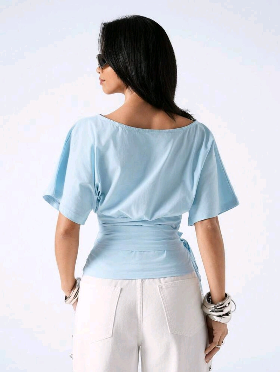Women’s Light Blue Cotton Wrap Top – Short Sleeve Tie Waist Casual Blouse