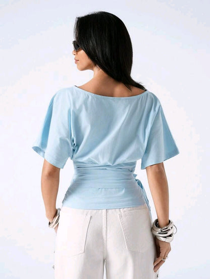 Women’s Light Blue Cotton Wrap Top – Short Sleeve Tie Waist Casual Blouse